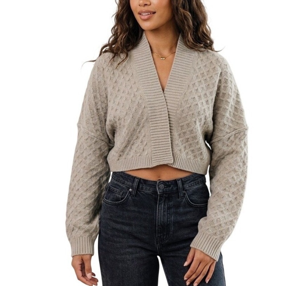 Free People Cardigan Women M Taupe Cropped Cable Knit Open Front Relaxed Fit